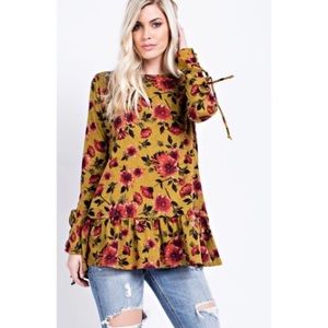 Mustard Yellow Sweater with Pink Floral Print Ties Around Wrist